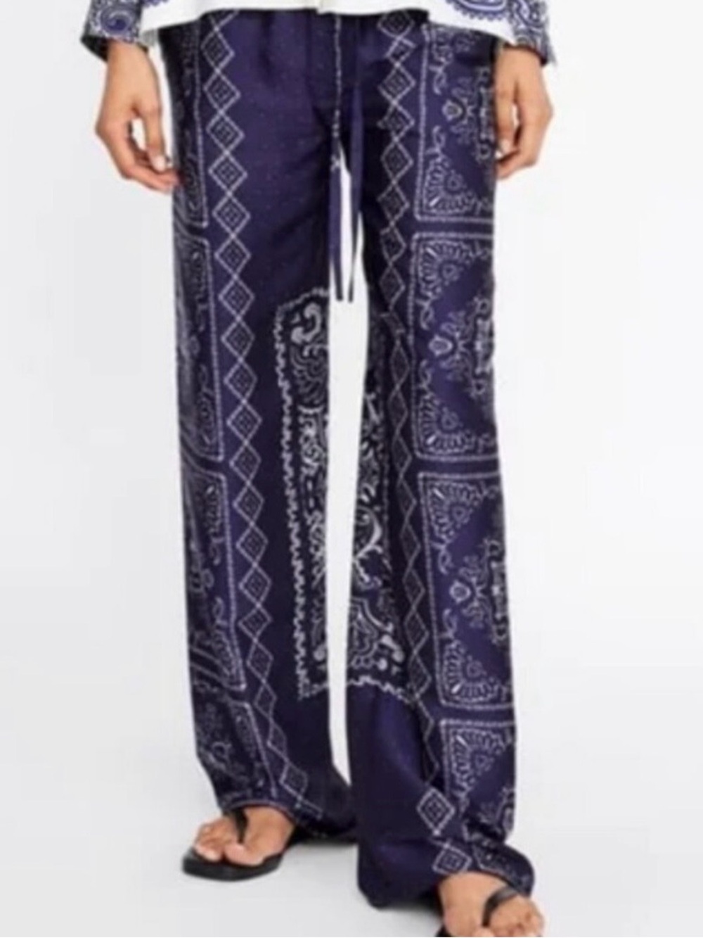 Zara Navy Bandana-Print Wide Leg Pants